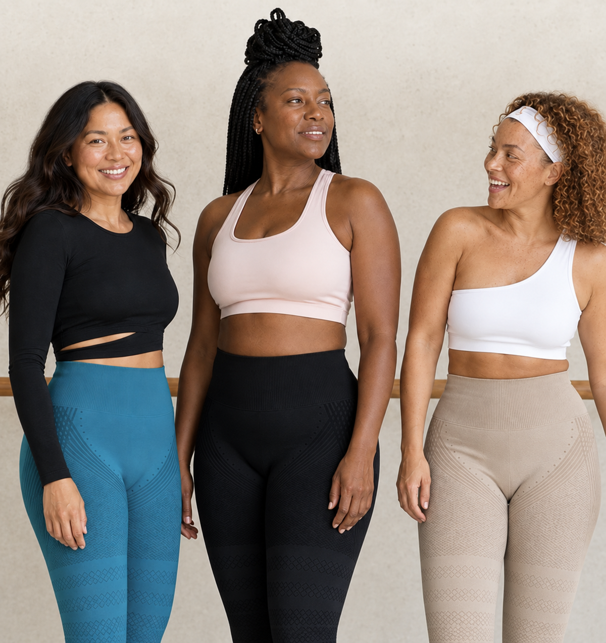 Three women wearing teal, black and beige sculpt leggings